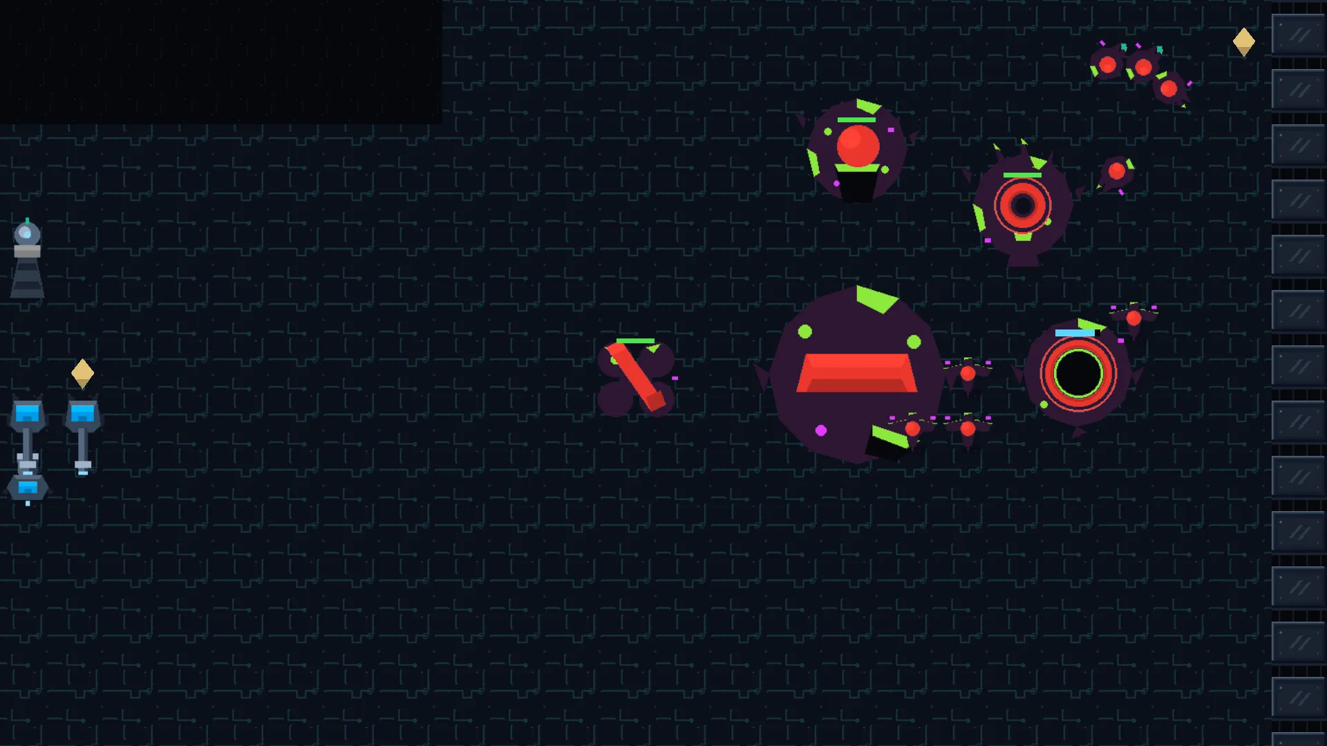 A virus base spreading acid-green corruption across a circuit board, with two antivirus units holding the far side of the gap