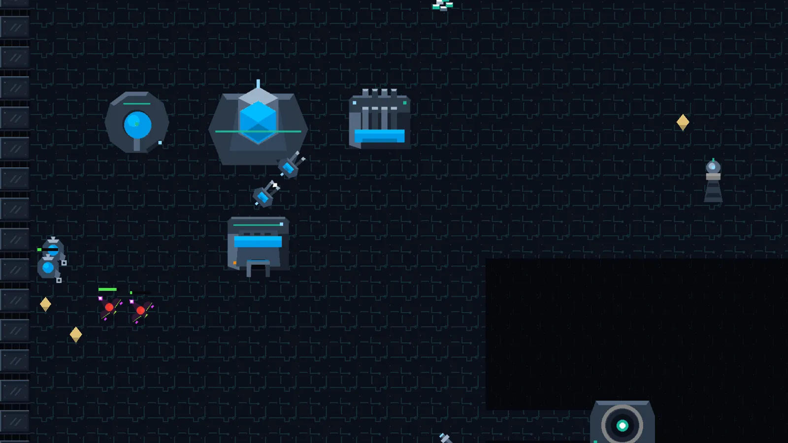 An antivirus base on the board, its extractor, core, RAM module and production bay in a row with a worker beside them