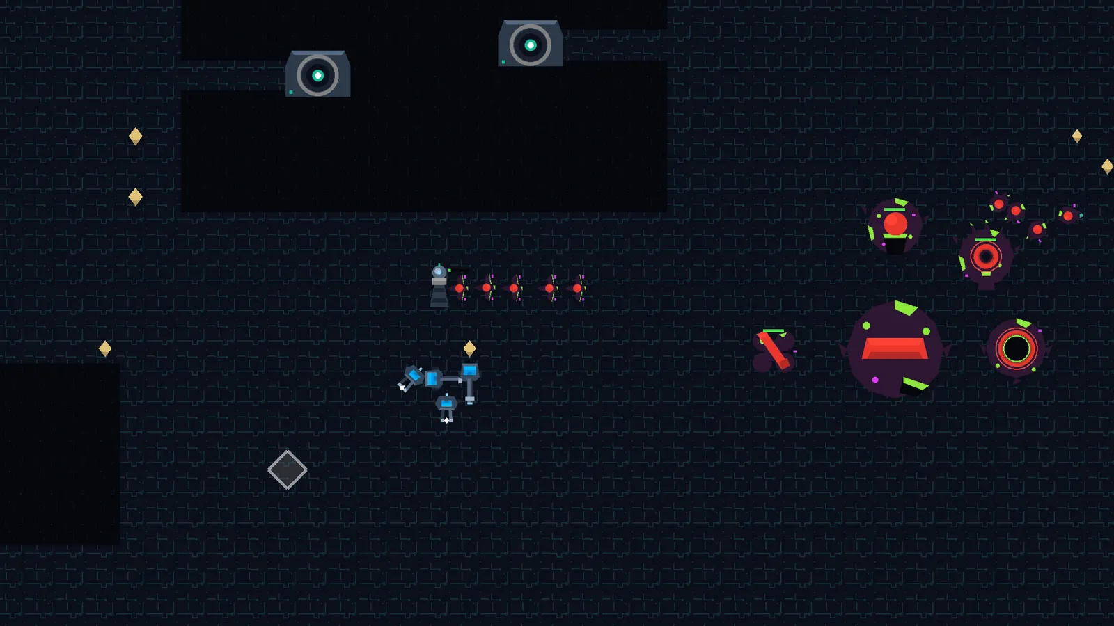 An antivirus squad crossing the open board toward a virus base while a line of worms moves out to meet it