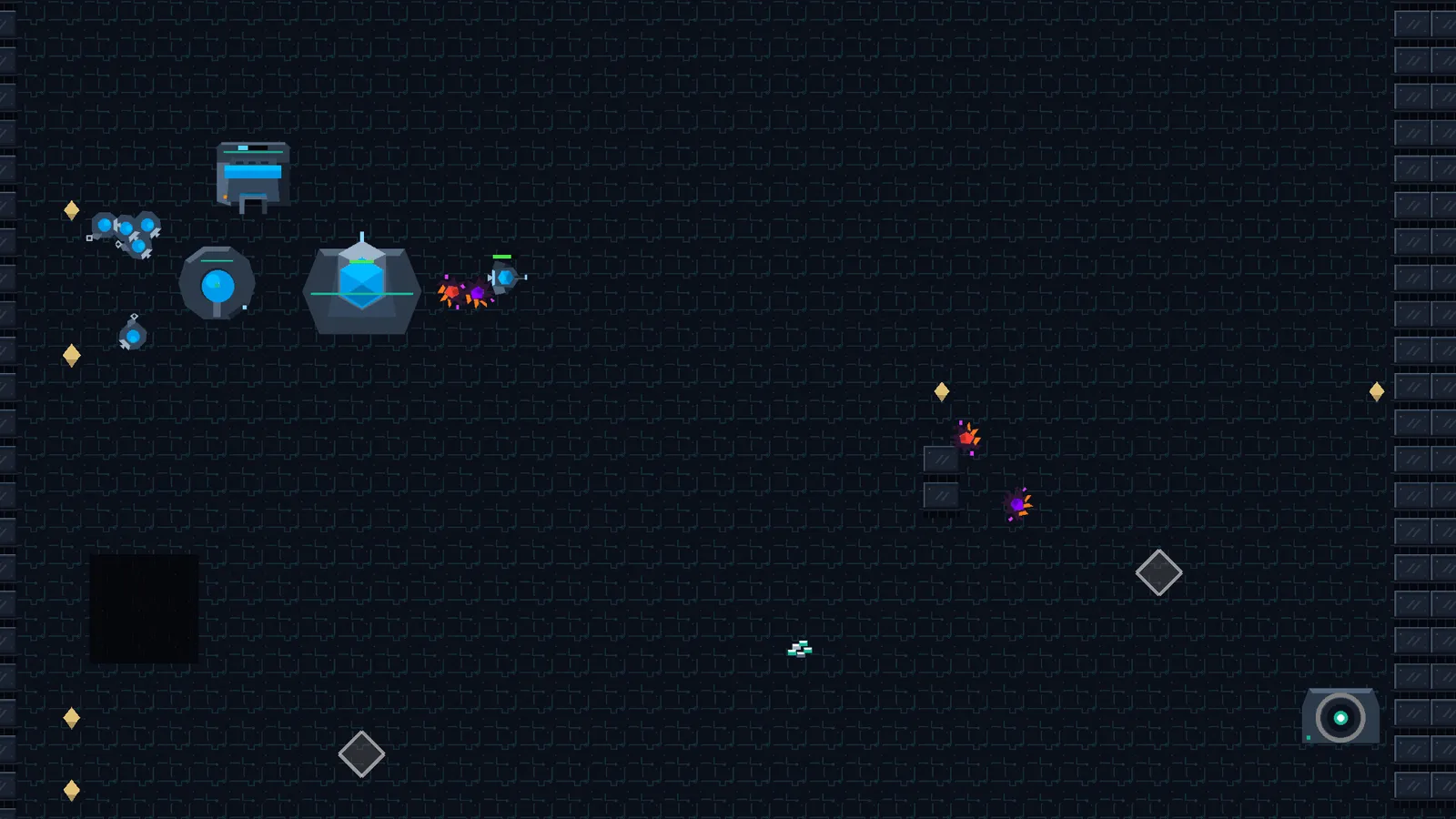 A virus raid landing on an antivirus core, on a second board whose power rails run the full height of the map